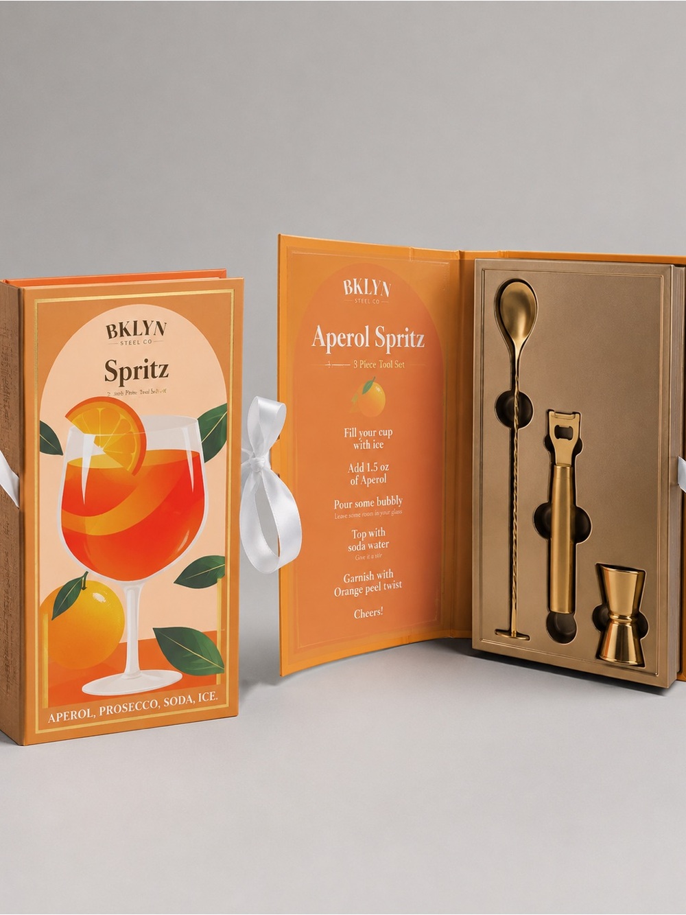 BKLYN Steel Co Spritz 3-Piece Gold Bar Tool Set Aperol Cocktail Gift Bar Cart
